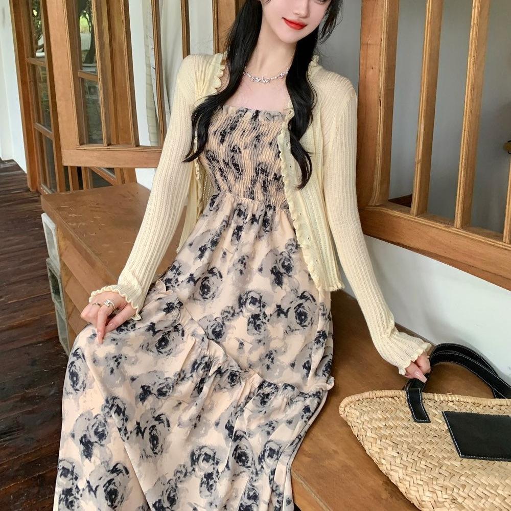 Japanese Rose Retro Floral Suspender Skirt New Temperament Waist Dress Summer French Hepburn Style Long Dress