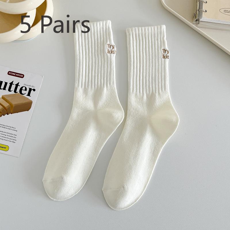 

5 Pairs of Women s Mid-calf Socks Outside The Spring and Autumn Tide Cotton Stacked Small White Shoes Love Letters Long Milk White Socks 5 pairs бежевый