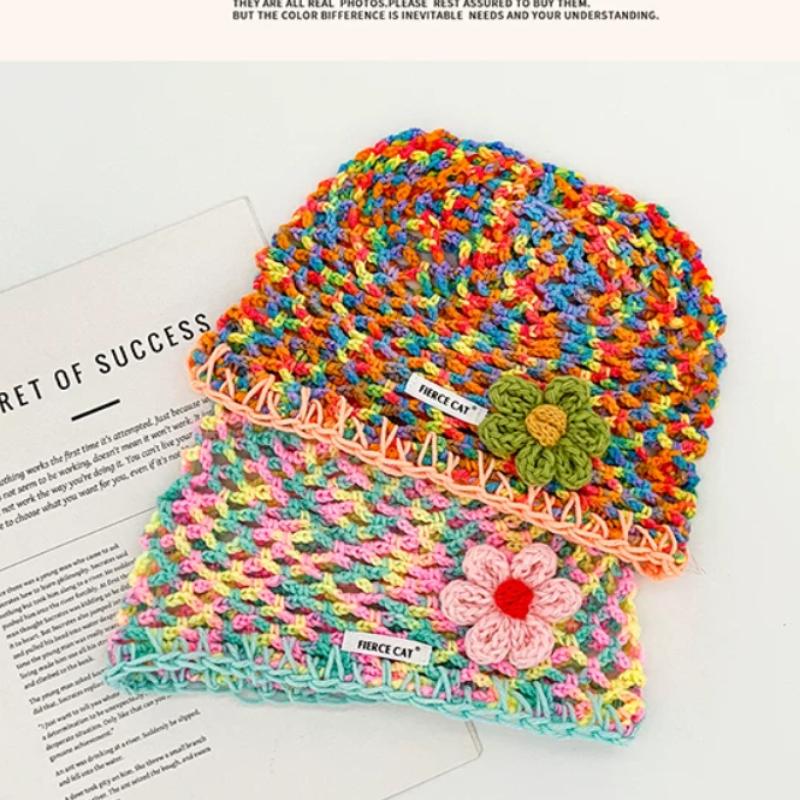 Korean Style Colorful Dopamine Hollow Flower Knitted Hat for Women Summer Versatile Light Handmade Crochet Pullover Beanie Caps