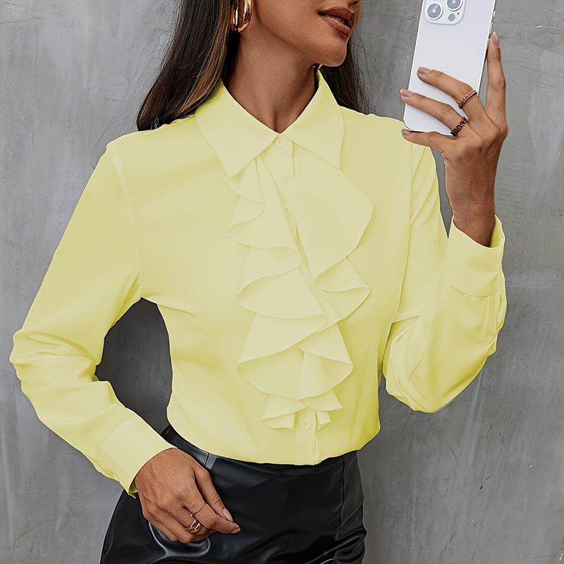 Elegantes Raff-Patchwork Lockeres Chiffon-Hemd Damen Langarm Bürobluse Süßes Revers Mode Frühling Herbst Freizeit Unifarbene Oberteile Neue Kleidung