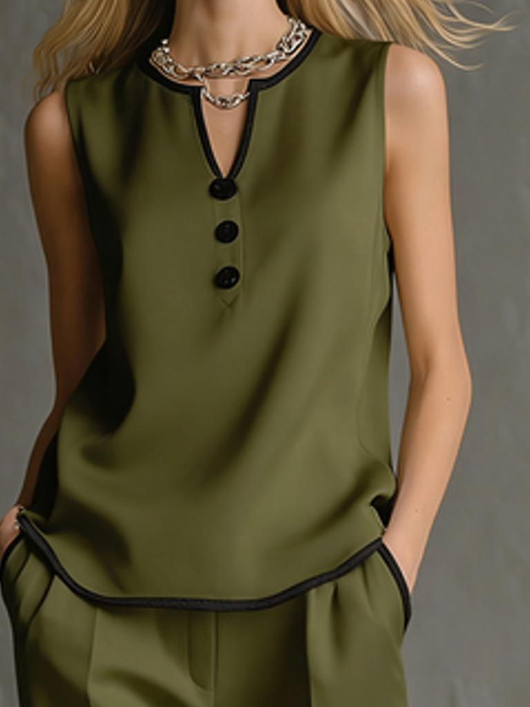 Summer Sleeveless V-Neck  Black Trim Color Block, Simple and Elegant; Wide Leg Pants Style, High-Rise Slim Fit