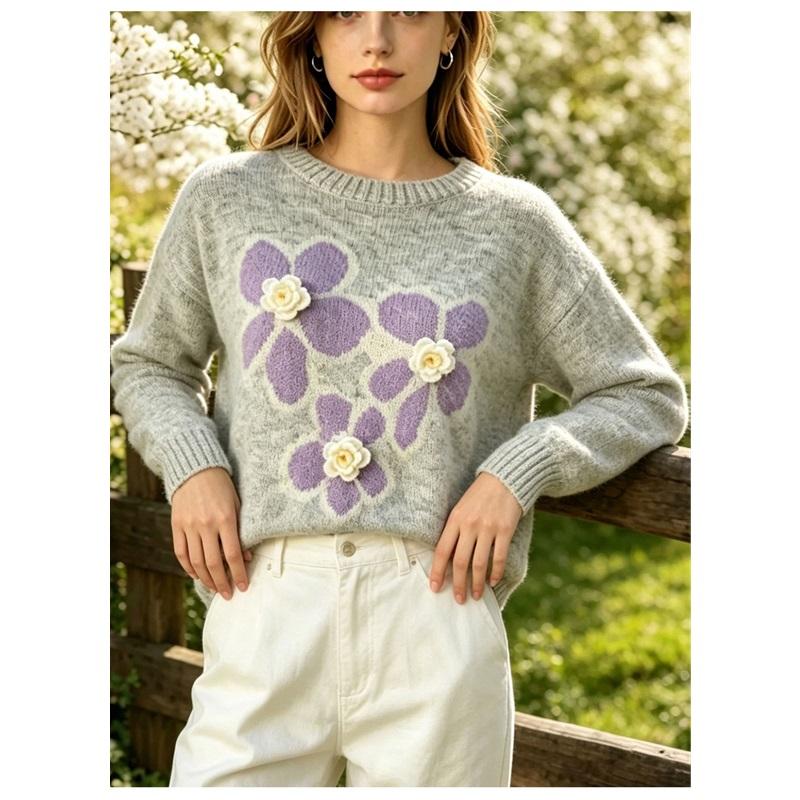 Fashion Three-dimensional Flower Sweater Women's Round Neck Loose Soft Waxy Sweater Autumn And Winter New Slimming Top