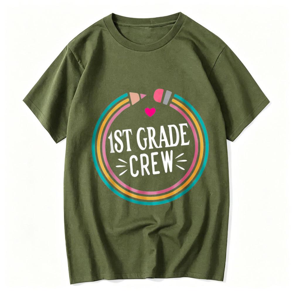 st Grade Crew Rainbow Circle Pencil Heart Graphic TShirt Teacher Student Back To School Casual Cotton Short Sleeve Basic Tops