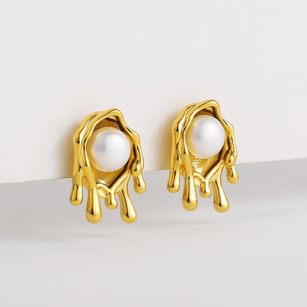 

Creative Stainless Steel Gold Plated Stud Earring Personality Dripping Honey Freshwater Pearl Earrings for Women Fashion Zircon золотий