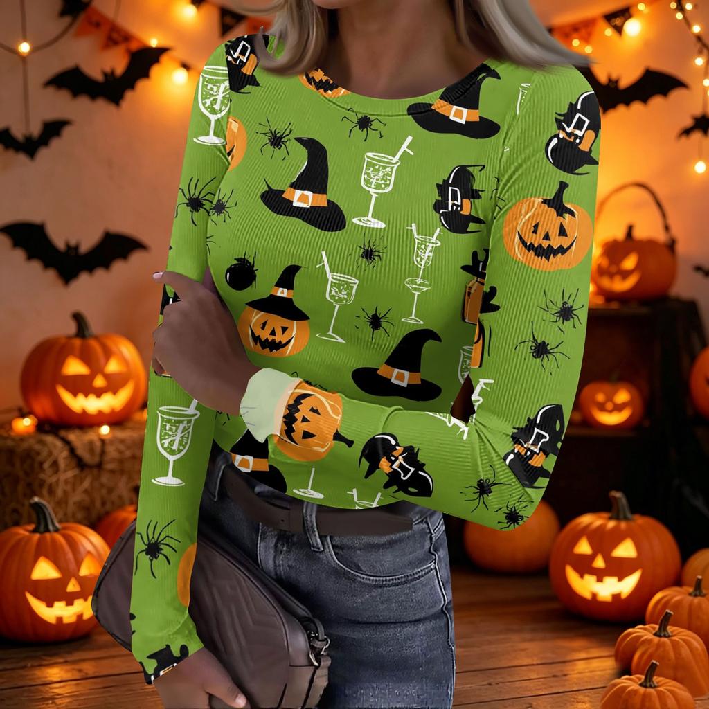 Women's Casual Long Sleeve Ribbed Halloween Print Top Crew Neck Stretchy Slim Fit Lightweight Shirt