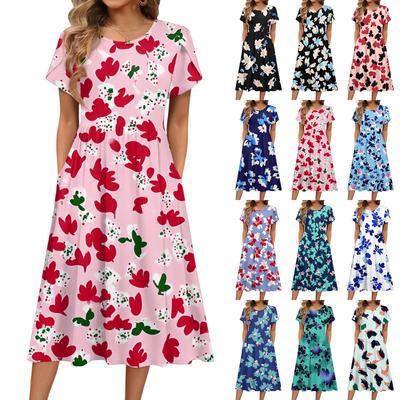 Women's Fashion Summer Round Neck Short Sleeve Floral Printed Beach Dresses