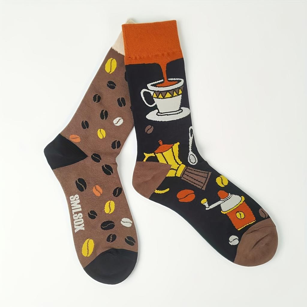 1-pair of Stylish Asymmetrical Coffee Print Socks