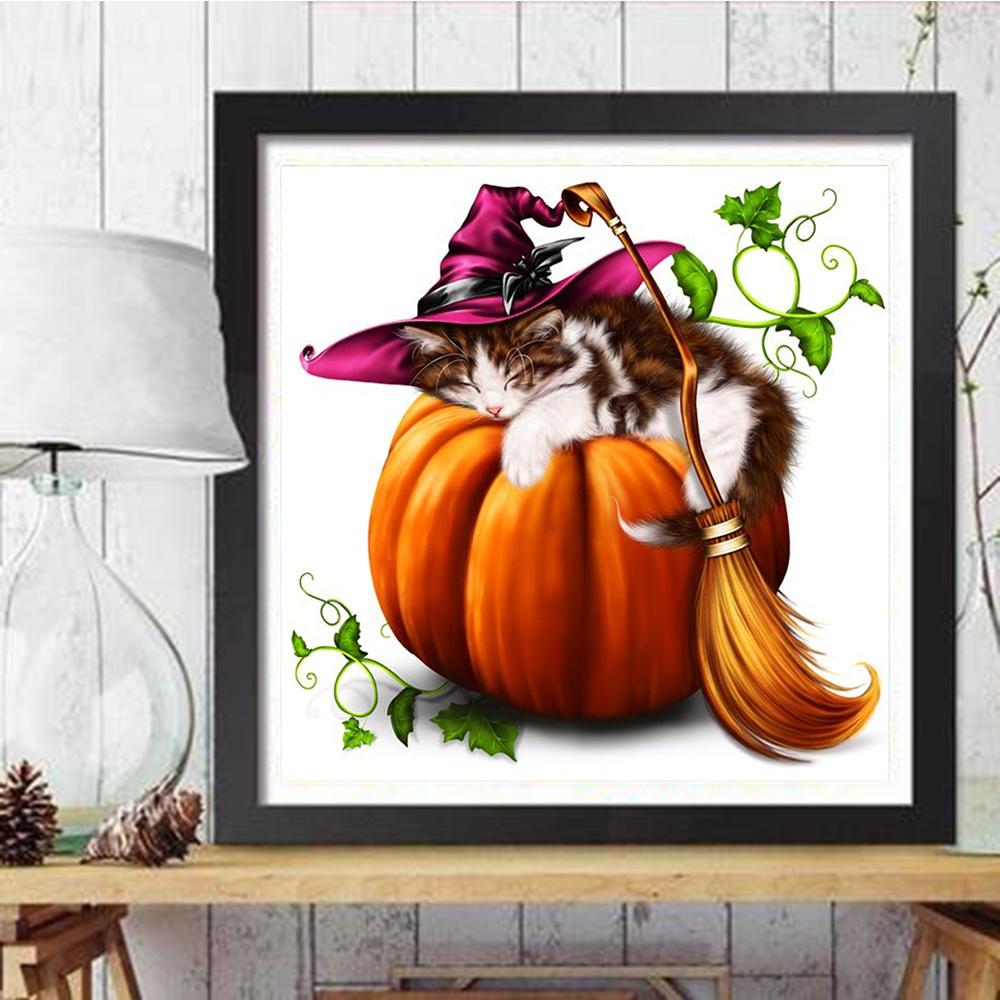 DIY 5D Diamond Painting Cat and Pumpkin Cross Stitch Diamond Mosaic Full Embroidery Animals Picture Rhinestones Handmade Art Home Decor
