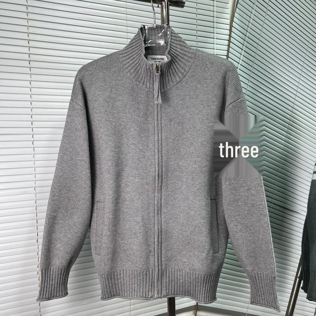 High-Quality Unisex Ribbed Stripe Stand Collar Sweater Jacket, Long-Sleeve, Four-Bar, Spring/Autumn.