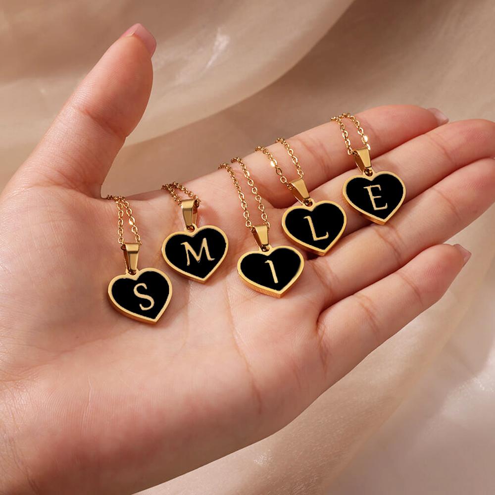Stainless Steel Initial Letter Black Heart Necklaces Women Gothic Name Pendant Charm Necklace Wedding Zircon Anniversary Gifts