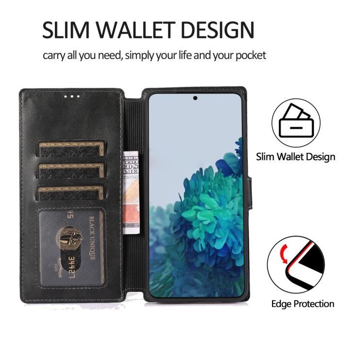 Etui Coque pour Samsung Galaxy S21 Noire, Housse de Protection en Cuir PU Antichoc à Fermeture Magnétique