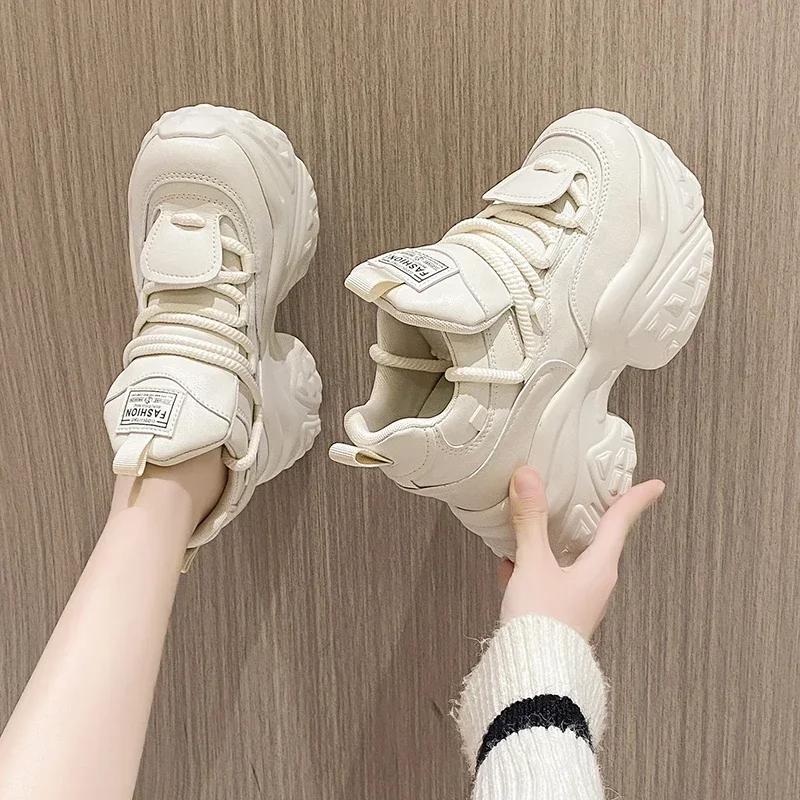 Fashion 10CM Heels Women High Platform Sneakers 2025 New Spring Chunky Dad Casual Sport Shoes Thick Sole Trainers Leather Sneakers Woman