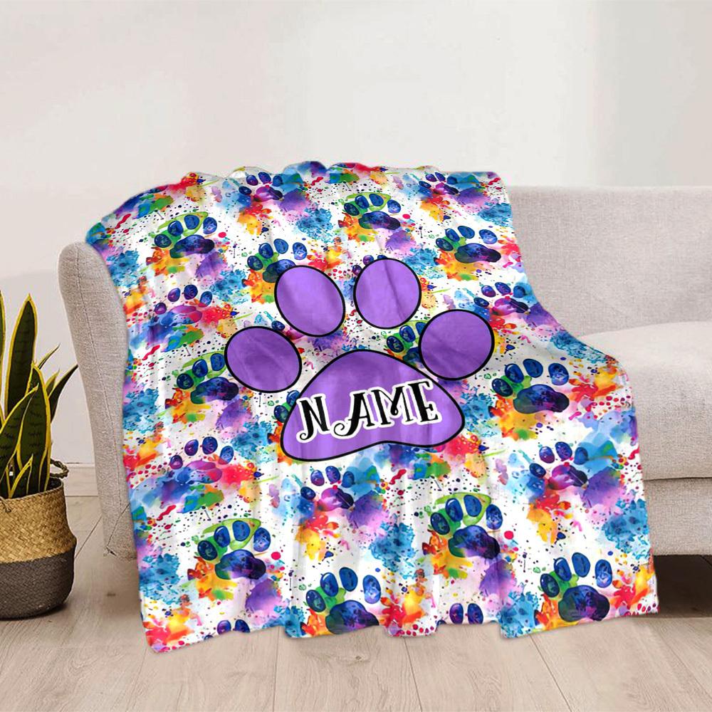 Colorful Paw Prints Home Customize Your Name Blankets Cozy Soft Lightweight Allseason Multipurpose Blanket For Picnics Sofas Offices Beds Living Rooms