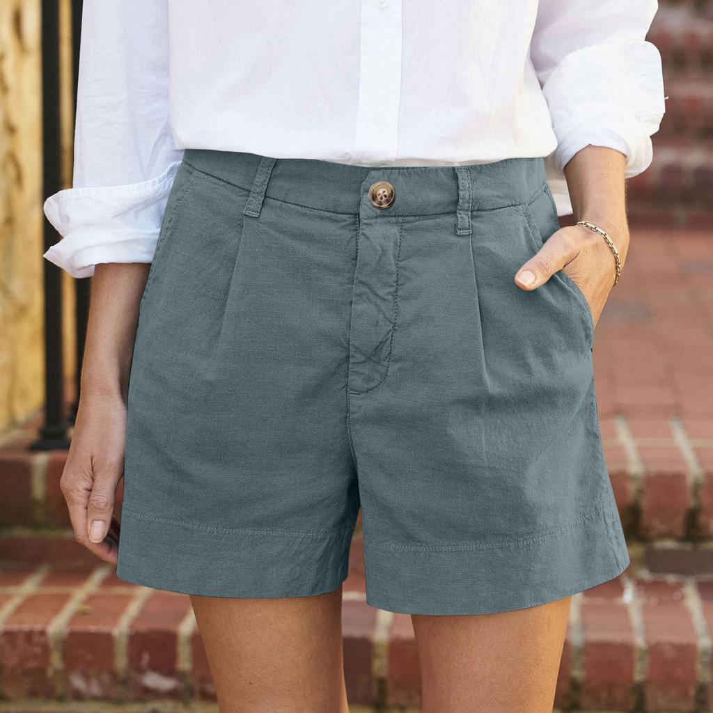 Women's Soft Cotton Linen Shorts Pockets Soft  Button Closure No Zipper Slim Fit Shorts