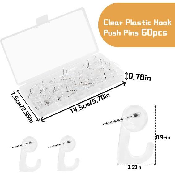 60 Pieces Clear Plastic Thumb Tack Hook, Plastic Heads Pin Tacks Wall Thumb Tacks Hanging Nails Decorative Push P Hooks for Cork Bulletin Board Map