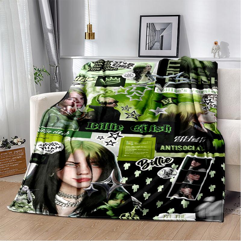 Fashion Billie Eilish Singer Star Flannel Blanket Soft Warm Throw Blanket for Bedroom Living Room Bed Travel Camping Picnic Gift