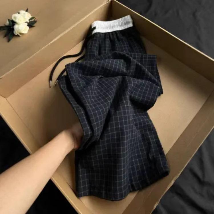 Summer Slimming Checked Loose-Fit Wide-Leg Casual Trousers for Women – Elasticated Waist with Drawstring Straight-Leg Trousers for Strolling