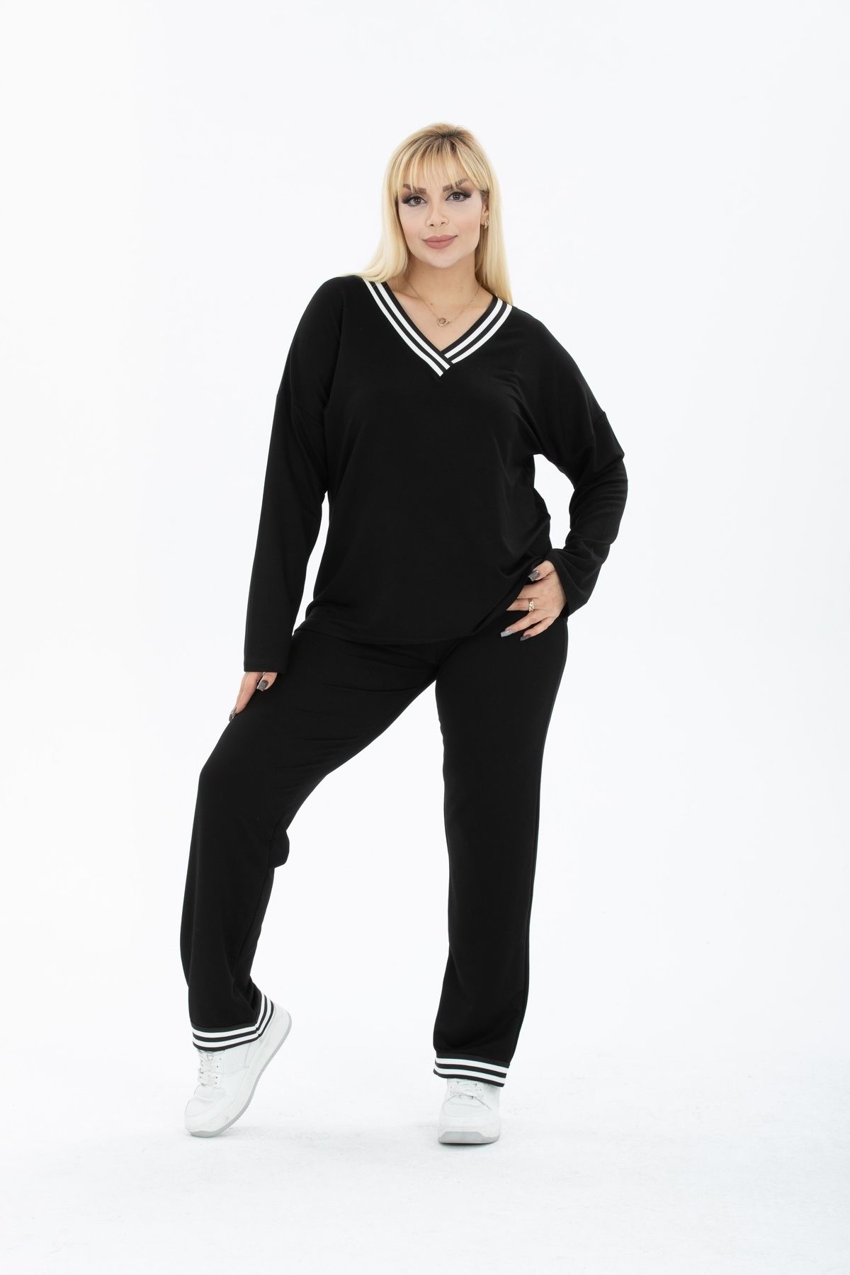 

Женский стильный комплект одежды больших размеров под верхом для команды больших размеров с ребристыми деталями на воротнике и штанинах