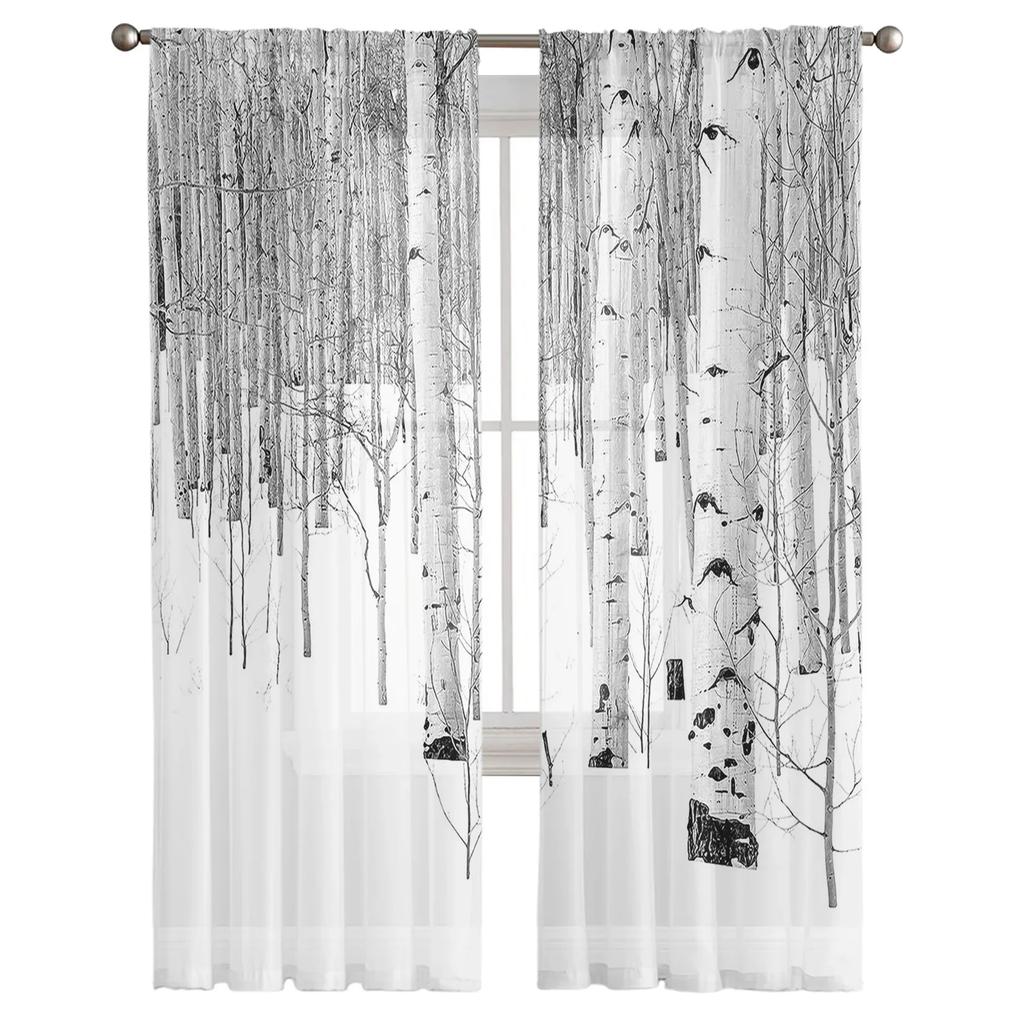 White Aspen Trees In Snow Tulle Window Curtains Living Room Organza Yarn Sheer Voile Curtain Bedroom Kitchen Home Decor Drape