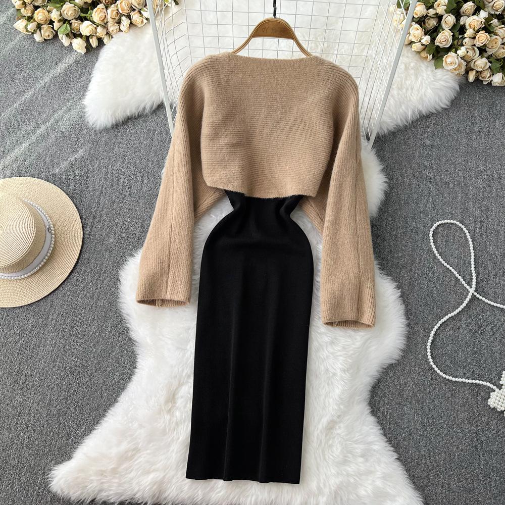 Fashion Suit Skirt Women's Casual Round Neck Half-cut Knitted Blouse Top Two-piece Set Korean Version Temperament Suspender Dress