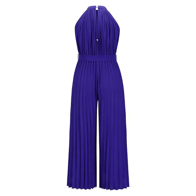 Women Summer Halter Sleeveless Lace Up Slim Wide Jumpsuit Pleated One Piece Trousers
