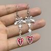 Gothic Charm Stainless Steel Silver Color Bowknot Relief Cross Red Glazed Heart-shaped Pendant Dangle Earrings for Women Jewelry