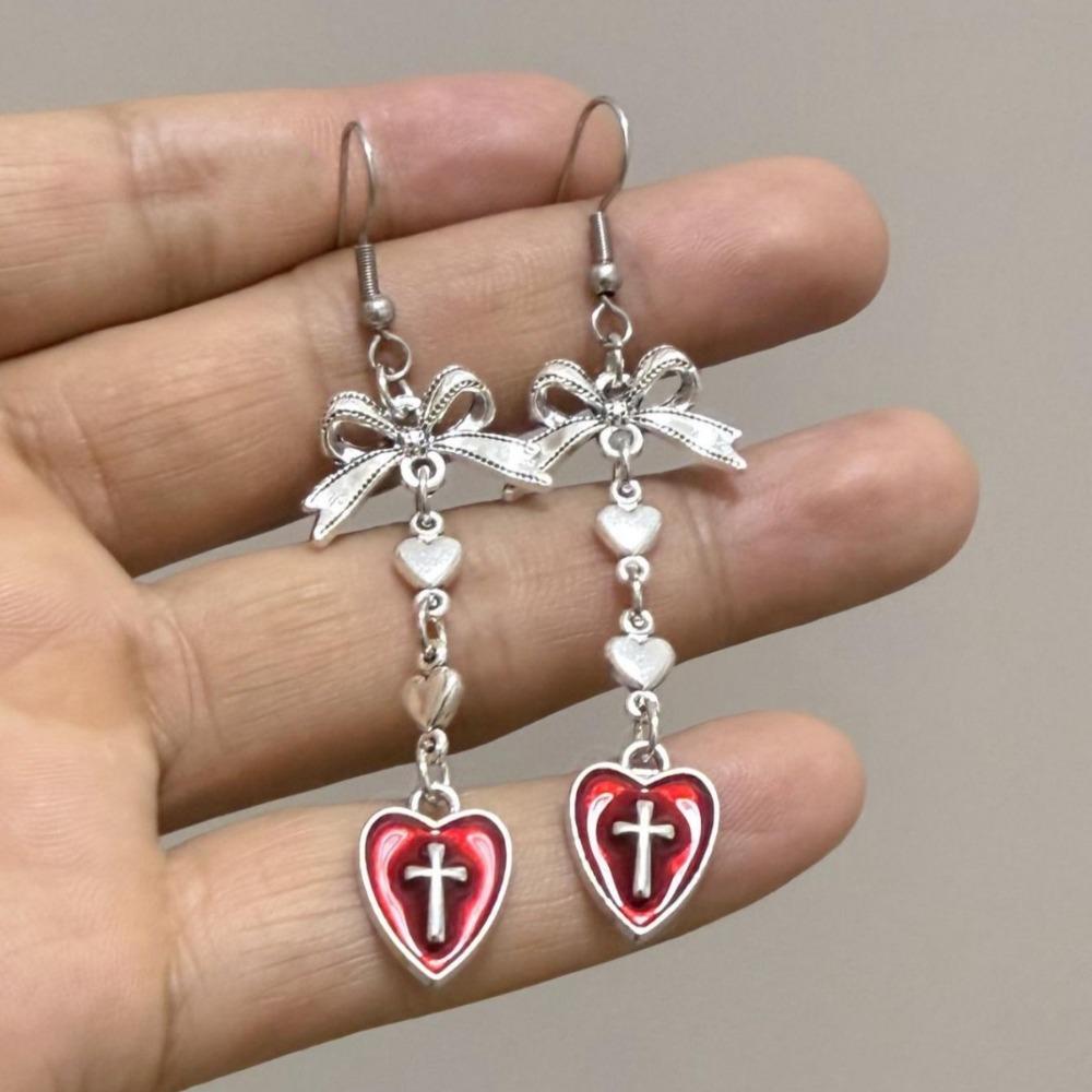 Gothic Charm Stainless Steel Silver Color Bowknot Relief Cross Red Glazed Heart-shaped Pendant Dangle Earrings for Women Jewelry