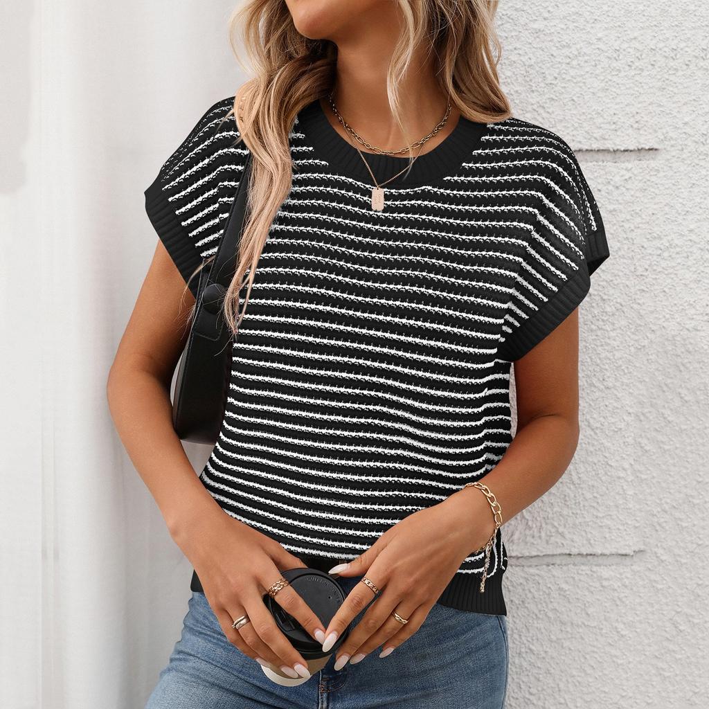 Women's Fashion Summer Round Neck Knitted Casual Striped Contrast Top