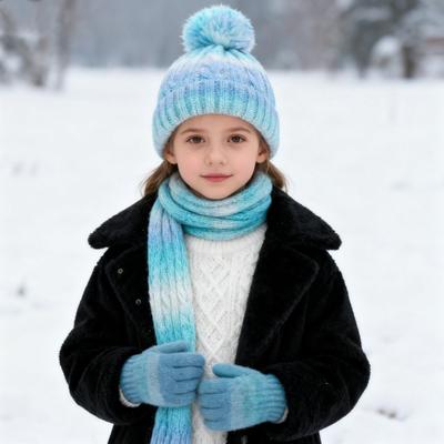 3Pcs/Set Kid Hat Scarf Gloves Set Rainbow Color Plush Ball Decor Knitted Hat Windproof Scarf Gloves Set Winter Accessories