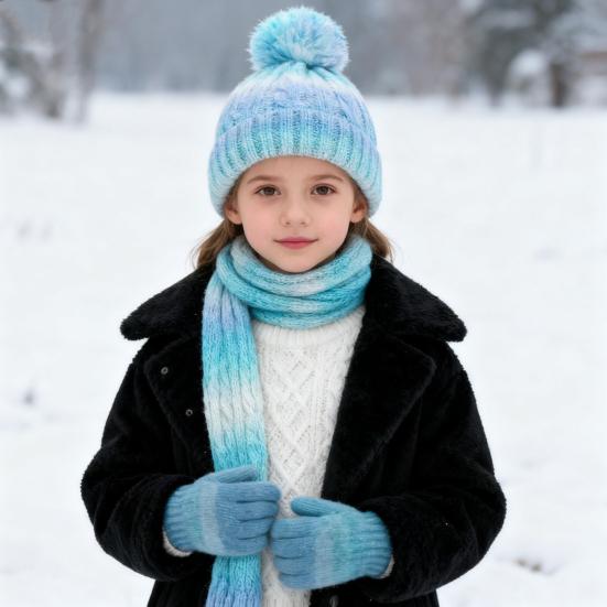 3Pcs/Set Kid Hat Scarf Gloves Set Rainbow Color Plush Ball Decor Knitted Hat Windproof
