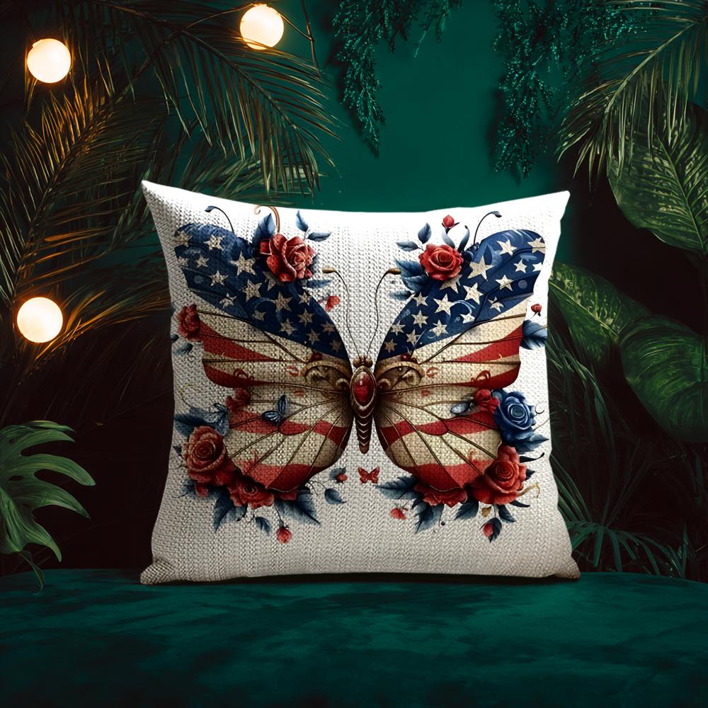 American Flag Butterfly Cushion Cover Natural Linen Pillow Case Double-Sided Print Decorative Sofa Pillowcase Home Decor Gift