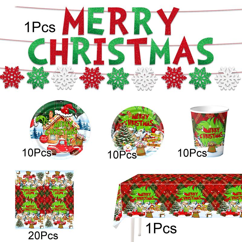1Set Disposable Tableware Set Spoon X-mas Party Decorations Party Supplies Fork Happy New Year Paper Plates Merry Christmas