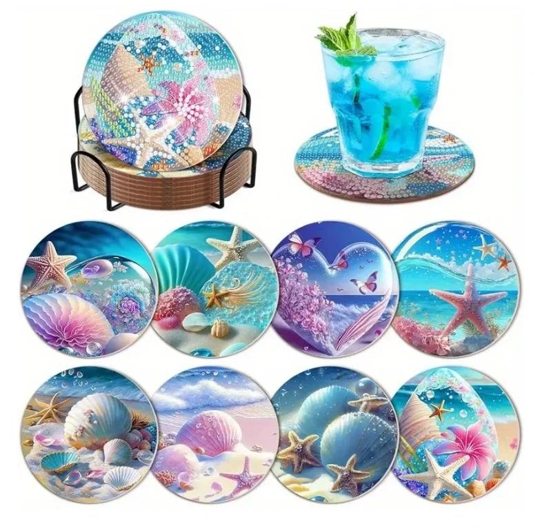 

8pcs/Set DIY Diamond Painting Coasters with Holder Anti Slip Wood Drip Mats Crystal Rhinestones Diamond Art Coasters for Adults