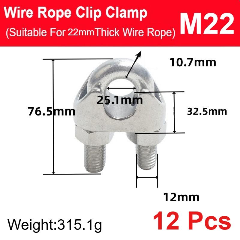 12 Pcs M12-M26 304 Stainless Steel Wire Rope Cable Clip Clamp U Bolt Saddle Fastener