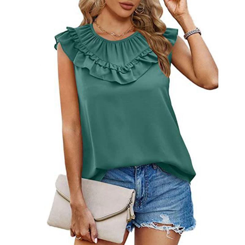 Sommer T-skjorte for kvinner med rund hals Plissert treørekant collage Ermeløs T-skjorte Tank Top Vest