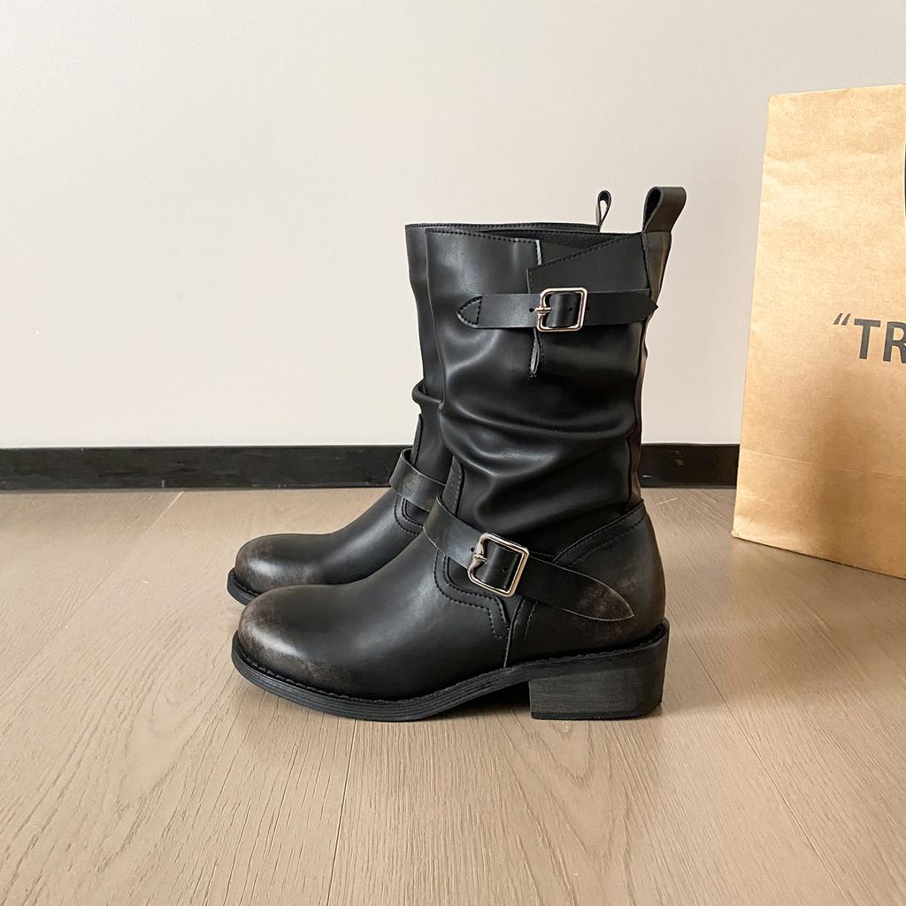 Vintage old fashion boots women's autumn and winter rubbing thick heel thick-soled knight boots belt buckle medium tube stacking boots