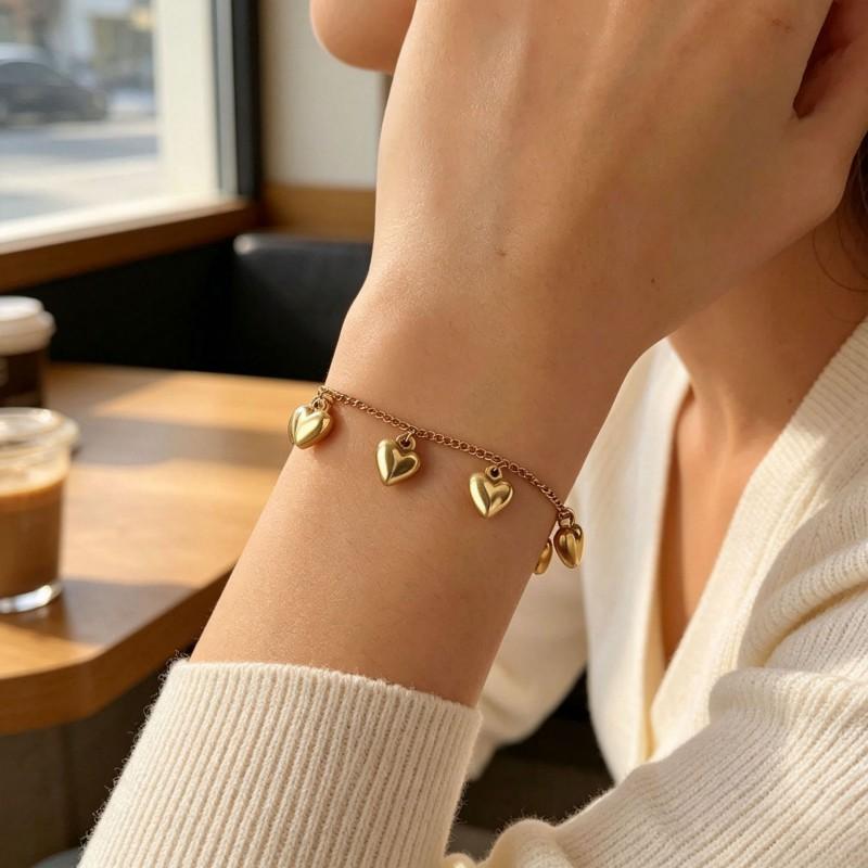 Gold Plated Titanium Steel Heart Charm Bracelet Women Trendy Minimalist Dainty Layering Jewelry