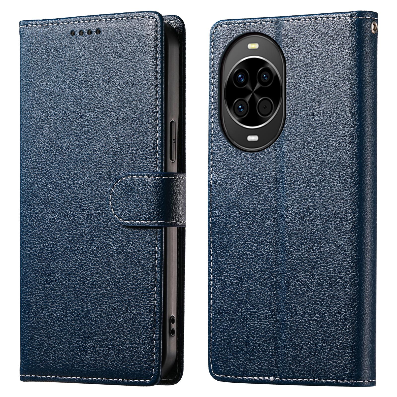 

For Huawei nova 14 5G Case Magnetic Snap Litchi Texture Leather Wallet Phone Cover with Wrist Strap Dark Blue