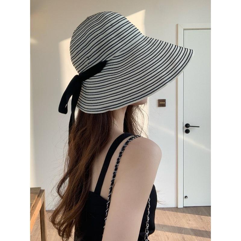 New Striped Strap Large Brim Bucket Hat Women's Summer Foldable Sun Protection UV Protection Outdoor Sun Hat
