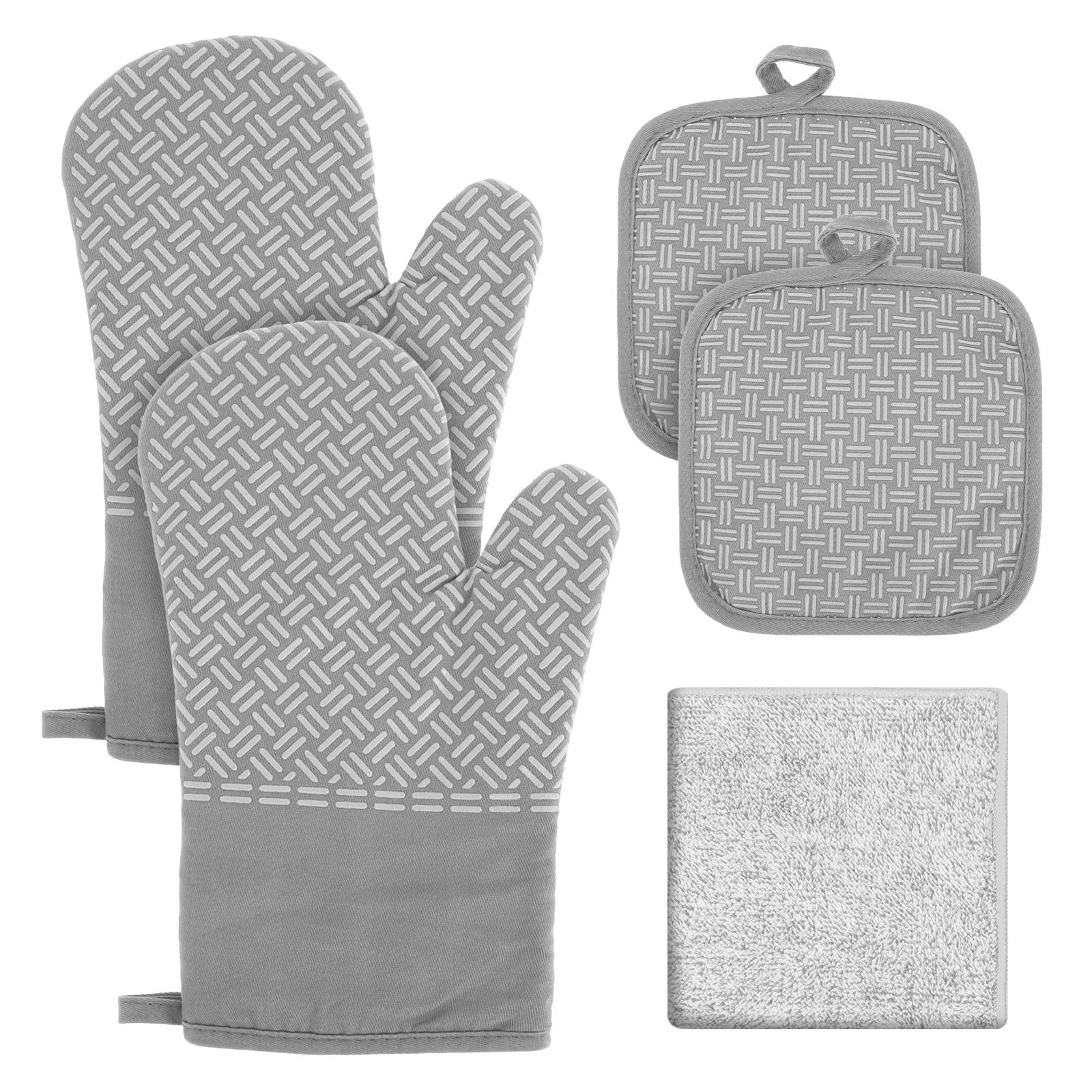 

5PCS Heat Resistant Oven Mitts and Pot Mat Classic Oven Mitt Kitchen Oven Gloves Cotton Cooking Gloves for Baking Grilling серый