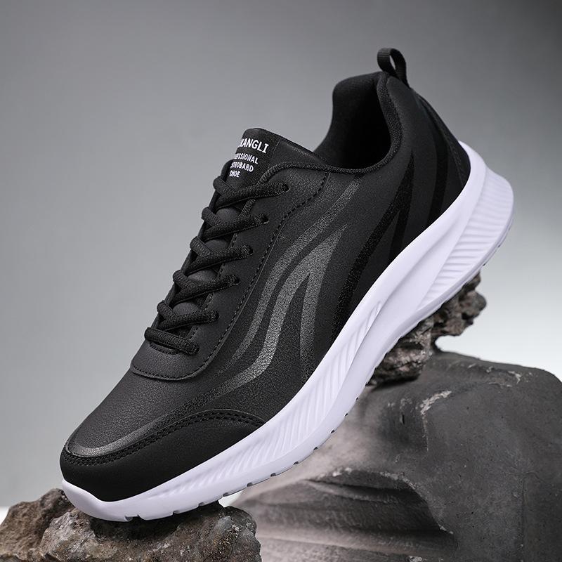 Autumn and winter large size lightweight shock-absorbing shoes leather surface waterproof black casual shoes running and dancing sports shoes