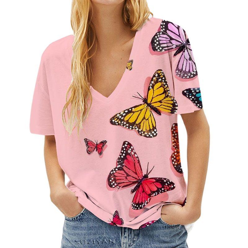 

Модные весенние блузки с принтом бабочек, футболки с V-образным вырезом и короткими рукавами, повседневные M розовый