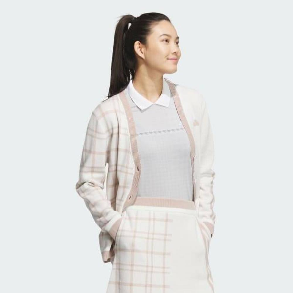 Adidas Golf Women S Fulley faShion 3S Checked Cardigan Beige iS4753