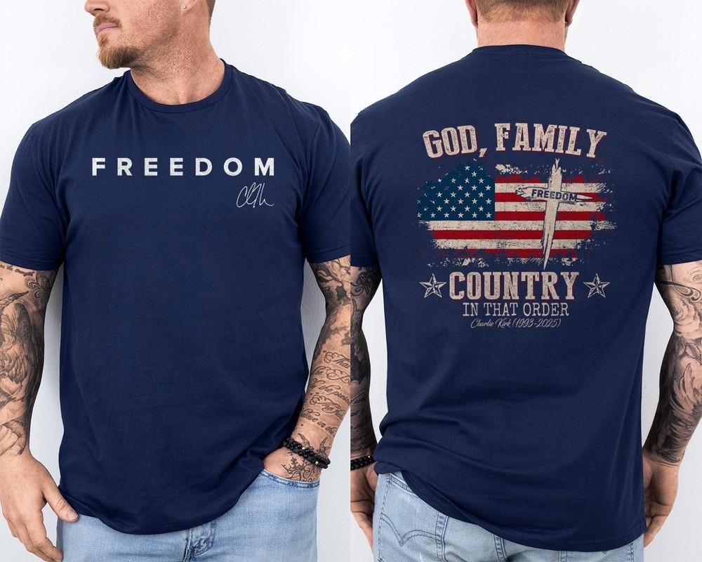 

Бог Семья Страна в таком порядке, футболка Чарли Кирка с американским флагом, двусторонняя 2XL