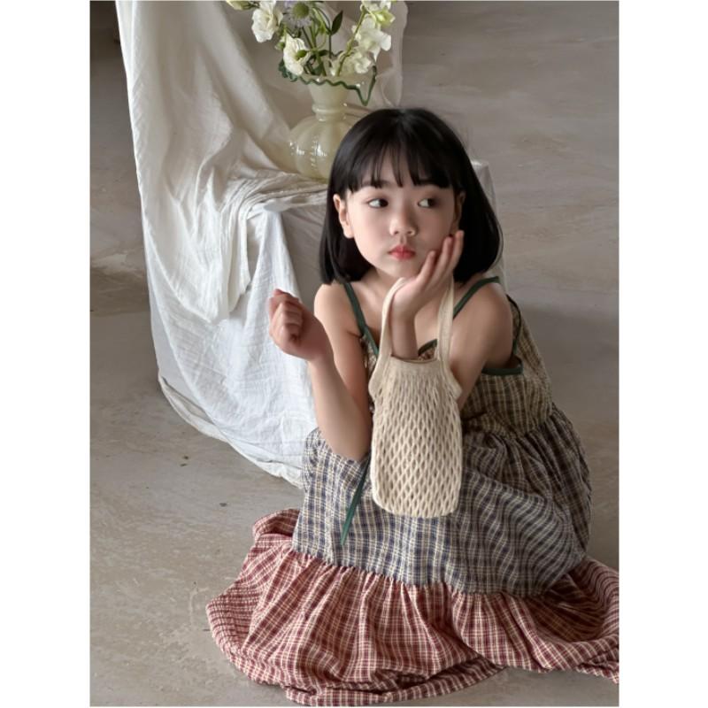 Sommerkleider für Mädchen mit Karomuster und Spleißdesign für mittlere und kleine Kinder, lässige lockere Neckholderkleider