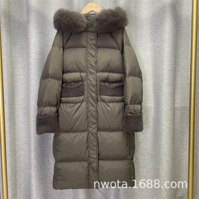 Long white duck down jacket women's new knee thickened hooded big fur collar loose large size tide