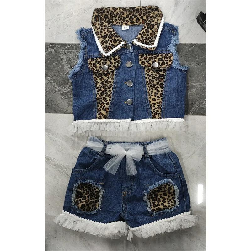 Baby Girls Denim Casual Outfit Sets Sleeveless Leopard Print Denim Leopard Print Denim Shorts Suits Girls