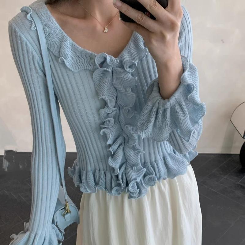 Pulover tricotat subțire cu dantelă ciupercă la modă, toamnă 2025 nou pulover de damă cu talie și decolteu în V 11950