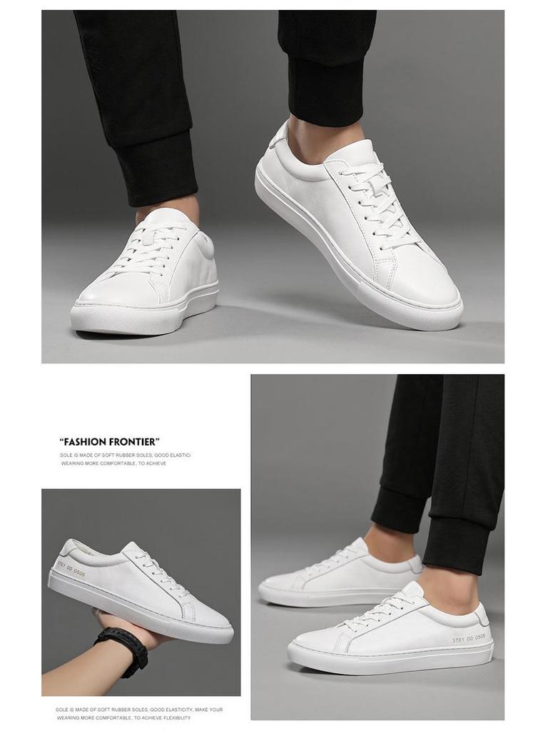 Men's Casual White Cowhide Shoes - Versatile Korean Style, Small Round Toe, Plus Size Trend