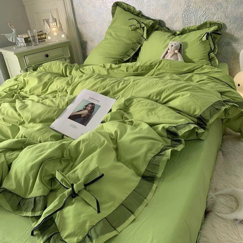 Nordic Grey White Quilt Cover Korean Prinsess Bow Girl Bedding Sets Simple Solid Color Bedclothes Decor Bedroom